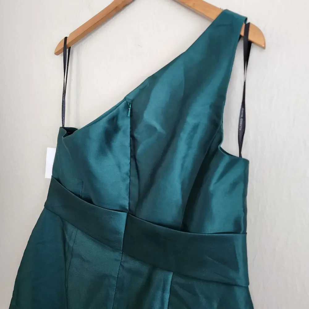 Alfred Sung One Shoulder Satin A-Line Gown Hunter Green Pockets NWT Plus Size 16 - Picture 7 of 9